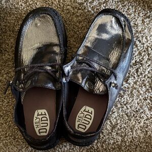 Hey Dude Shiny Black and Silver Shoes